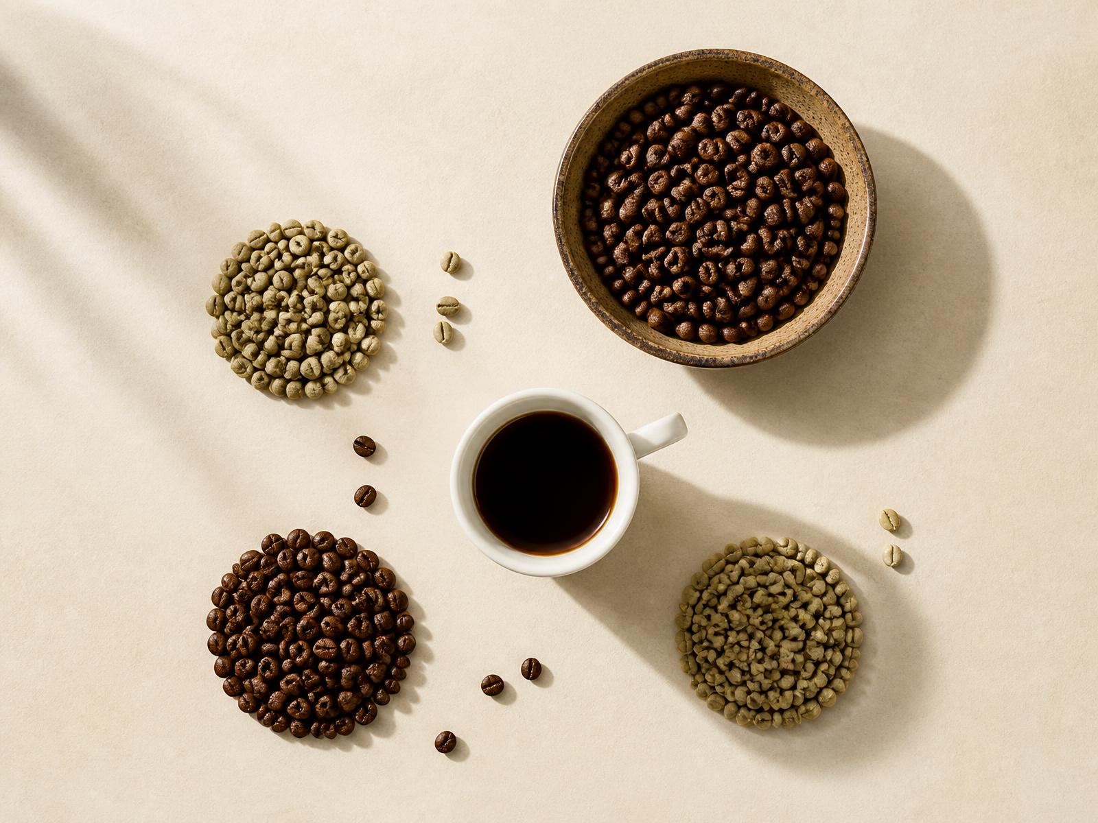 Green and roasted Kenyan coffee beans, editorial flat lay